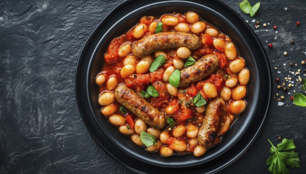 Sausage And Bean Casserole: Served On A Dark Plate With Tomato Sauce, Top View. Ample Space For Personalization. Great For A Meal, AI generated