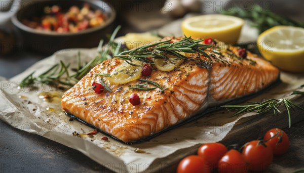 Delicious Baked Salmon With Rosemary, Lemon, And Vegetables Recipe. Perfect Seafood Dish With Free Space For Side View. Enjoy!, AI generated