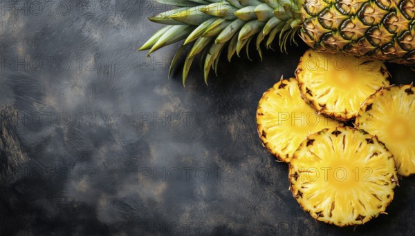 Top View Of Sliced Juicy Pineapples And Ripe Baby Pineapple, Surrounded By Tropical Fruits With Free Space, AI generated