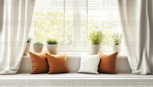 Interior Design: Window Coverings, Drapes, And Shutters For A Cozy Home. Featuring Roller Shades, Modern Frames, And Decorative Pillows, AI generated