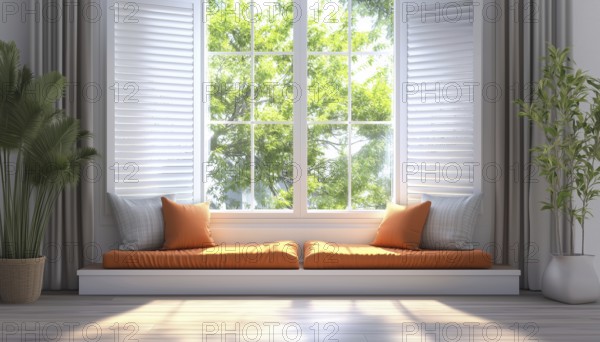 Interior Decoration: Window Treatments, Curtains, Blinds, Drapes, And Shutters In A Home Room With Classic And Modern Elements. Classic Roller Jalousie And Pillows On Windowsills, AI generated