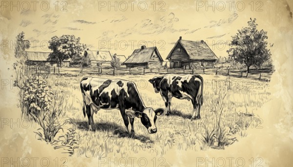 Rustic Charm: Vintage Sketch Of A Dairy Farm With Grazing Cows In The Countryside Meadow And Rural Landscape, AI generated