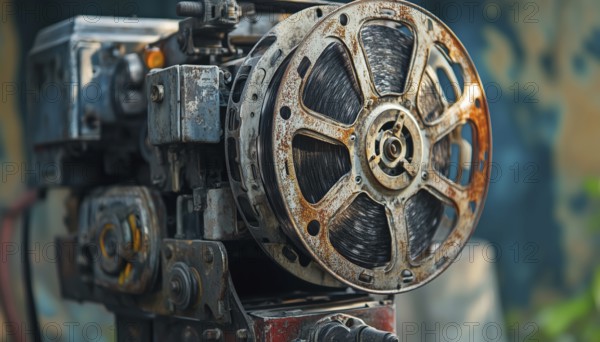 Vintage Outdoor Cinema Features Old Rusty Analog Rotary Film Movie Projector For A Retro Movie Watching Experience, AI generated