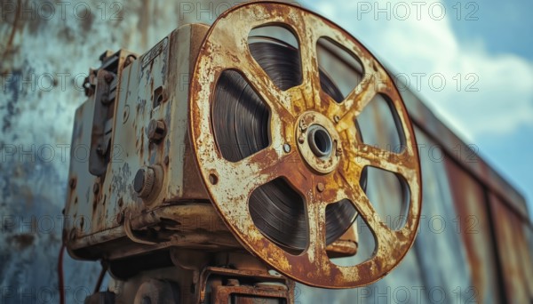 Vintage Outdoor Cinema: The Vintage Analog Rotary Film Projector On Display, Showing Signs Of Age And Rust. Enjoy A Classic Movie Experience, AI generated