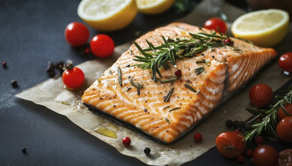 Delicious Baked Salmon With Rosemary, Lemon, And Vegetables Recipe: Seafood Dish With Plenty Of Free Space For A Side View, AI generated