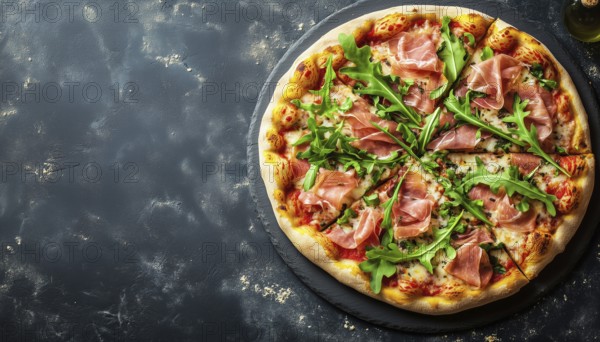 Delectable Pizza Topped With Prosciutto And Arugula: Classic Italian Snacks From A Bird'S Eye View. Ample Room For Your Creations, AI generated