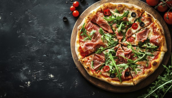 Tasty Pizza Topped With Prosciutto And Arugula: Italian Appetizers. Overhead Shot With Ample Space For Your Text. Rich Flavor, AI generated