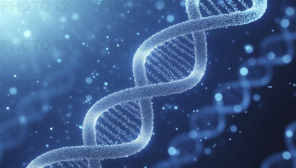 Futuristic White Dotted Double Helix Displayed On Blue Gradient With Dna Theme: A Scientific And Technological Digital Art Creation, AI generated