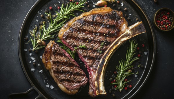 Top-View Grilled Tomahawk Steak On A Metal Plate With Rosemary And Spices, Served On The Bone, AI generated