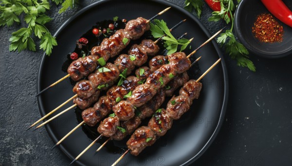 Delicious Grilled Lula Kebab Skewers With Spices Served On A Black Plate On An Antique Concrete Table. Top View Display, AI generated