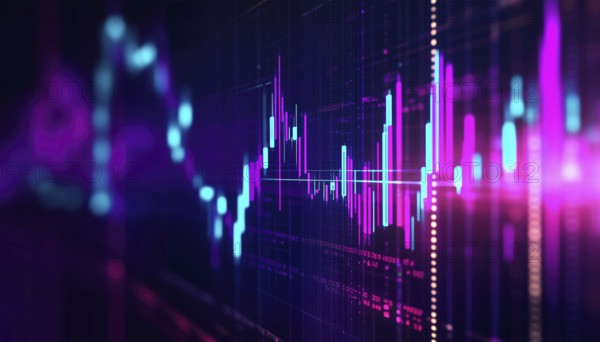 Modern Data Dashboard Featuring Purple And Teal Candlestick Bars With Neon Trend For Financial Analytics And Futuristic Investment Technologies, AI generated