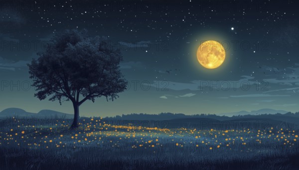 Night Scene Featuring A Tree And Moon, Moonlit Night Landscape Scene With Moon. A Serene Depiction Of The Night Sky And Nature Elements, AI generated