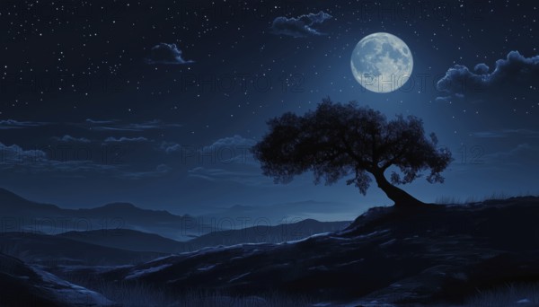 Moonlit Night Sky With Tree And Moon, Moonlit Landscape With Moon. A Serene And Atmospheric Scene Of Nature At Night, AI generated