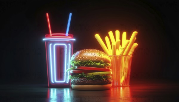 Neon-Themed Fast Food Street Menu Promotion: Brightening Up The Way We Advertise Our Quick Bites For A Modern, Eye-Catching Display, AI generated