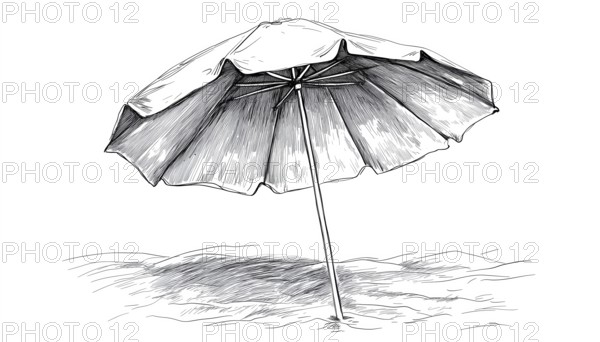 Hand Drawn Beach Umbrella Sketch Clipart: Summer Leisure Vacation Attribute Doodle On White - Engraving Style Illustration For Design, AI generated