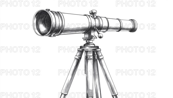 Hand Drawn Telescope On Tripod Sketch: Astronomical Equipment And Scientific Instrument Clip Art On White Background, AI generated