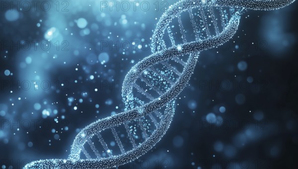 Elegant White Dotted Double Helix On Blue Gradient With Dna Theme: A Modern Fusion Of Science And Technology In Digital Art, AI generated