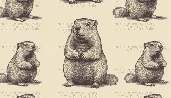 Hand-Drawn Retro Woodchuck Patterns For Fabric, Wallpaper, And Print: Perfect For Groundhog Day Decor And Cards. Ideal For Marmot Sketches, AI generated