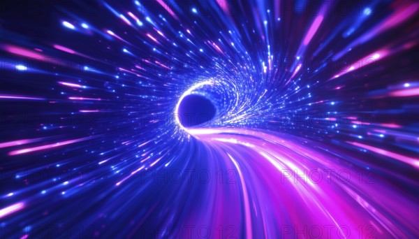 Speedy Neon: Radial Motion Blur With Ultra Violet And Blue Laser Light In Long Exposure Of Cyber Highway And Digital Hyperspace, AI generated