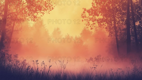 Misty Landscape Of Forest And Meadow With Silhouettes Of Trees And Grass In Orange And Pink Hues. Charming Bookmark Design, AI generated