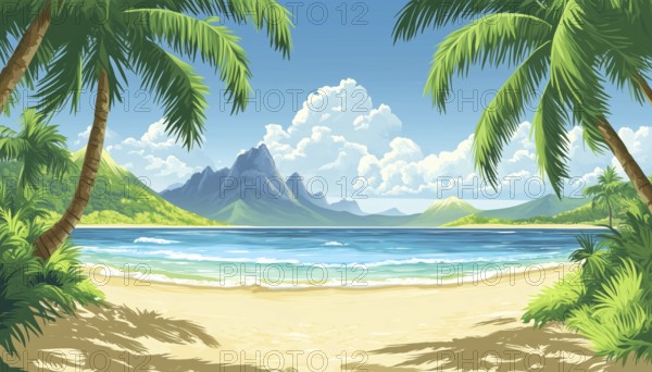 Sandy Beach Paradise: Experience Stunning Views Of The Sea, Mountains, And Palm Trees At This Ideal Destination For A Summer Vacation, AI generated
