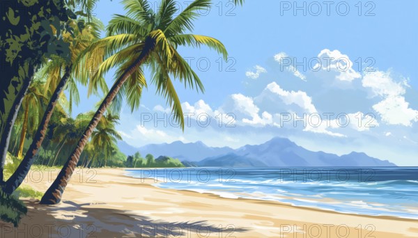 Tropical Sandy Beach With Palm Trees, Stunning Sea And Mountain Scenery: A Tranquil Slice Of Paradise For Your Summer Getaway, AI generated