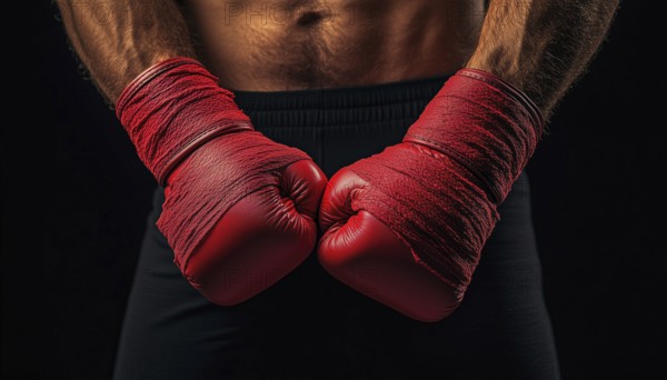 Strong Hands And Fists Wrapped In Red Boxing Wraps: Ready For Training And Active Exercise In A Cropped Shot On Black Background, AI generated