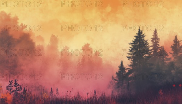 Serene Landscape: A Misty Horizon Of Trees And Grass In Orange And Pink. Enchanting Mist, Forest And Meadow Silhouettes. Bookmark Design, AI generated