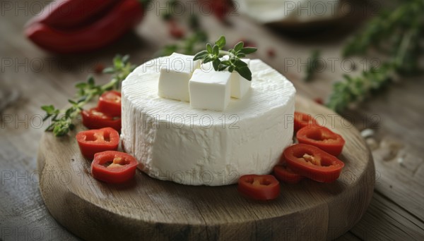 Traditional Cuisine: Feta Cheese With Red Peppers On Vintage Wooden Board - Close-Up Of Round Homemade Soft Cheese, AI generated