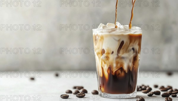 Refreshing Iced Coffee With Cream Being Poured On White Table. Cool And Invigorating Coffee Latte Perfect For Hot Summer Days, AI generated