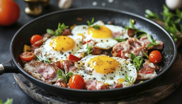 Cooking Morning Breakfast And Dinner: Non-Stick Frying Pan With Meat, Eggs, And Vegetables For Delicious Food Preparation In Dishes, AI generated