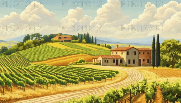 Rural Tuscan Landscape With Farmhouse, Vineyard, Fields, And Hills. Handcrafted Illustration With Layered Objects. Vintage Style Poster Design, AI generated