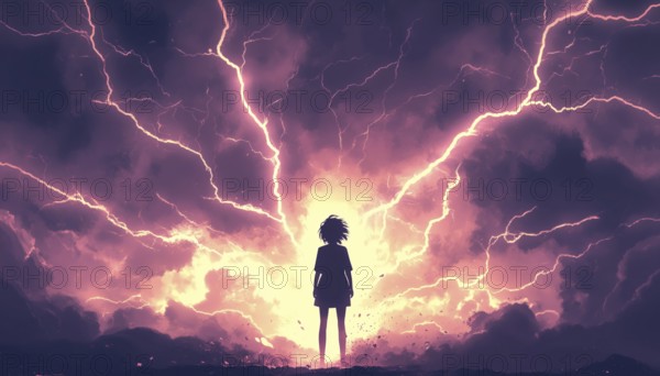 Anime Silhouette With Radiating Lightning Effect: A Stunning Graphic Design Showcasing A Dynamic And Electrifying Silhouette, Emanating A Powerful And Intense Lightning Effect, AI generated