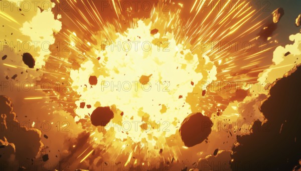 Anime - Yellow Impact Explosion Effect In 16:9 Aspect Ratio. This Design Showcases A Powerful Explosion Effect In A Vibrant Yellow Color Palette, AI generated
