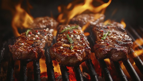 Sizzling Beef Steaks And Skewers Soaring Over A Cast Iron Grill With Flames. Captured In Stunning Freeze-Frame Barbecue Action, AI generated