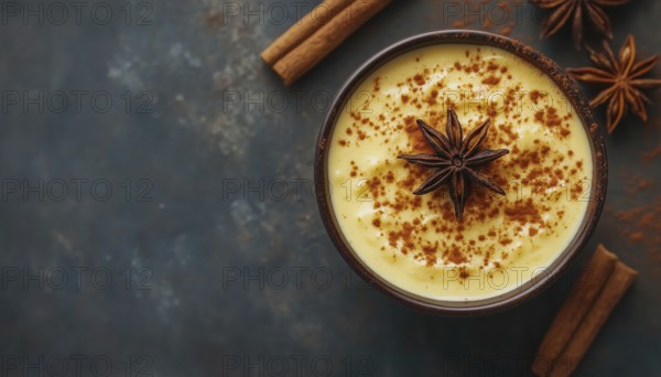 Cinnamon Coffee Turmeric Milk Dessert: Top-View Close-Up Of Delicious Cinnamon Pudding With Added Flavors. Creamy And Aromatic Sweet Treat, AI generated