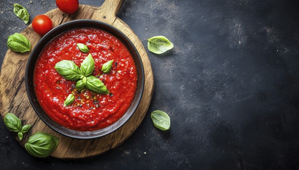Top-View Image Of Tomato Sauce In A Frying Pan, Placed On A Wooden Board On A Black Surface. Marinara Sauce Featuring Basil Leaves With Copy Space Available, AI generated