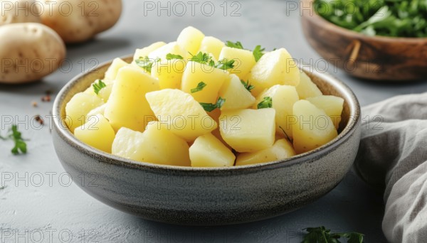 Close-Up Side View Of Diced Boiled Potatoes In A White Bowl: Tasty And Fresh Potato Dish Ready To Serve, AI generated