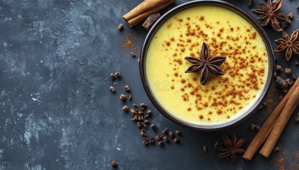 Cinnamon Pudding With Milk, Coffee, And Turmeric: Top View Close-Up Of A Delicious Dessert With Warm Spices And Sweet Flavors, AI generated