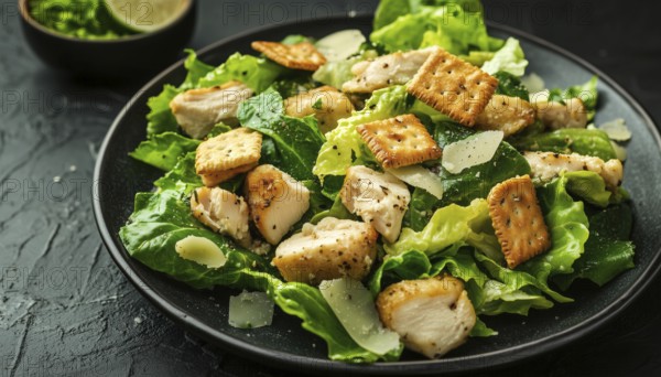 Classic Caesar Salad With Crackers, Romaine Lettuce, And Grilled Chicken On A Black Plate: Side View Featuring Ample Copy Space. Nutritious Dish, AI generated