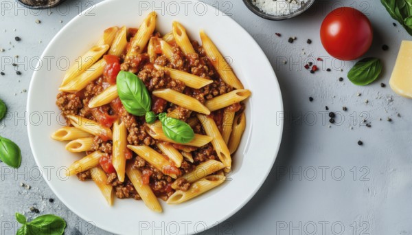 Delicious Penne Pasta With Bolognese Sauce And Fresh Basil On A White Plate Over A Light Background. Top View With Copy Space, AI generated