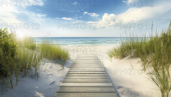 Scenic Boardwalk Pathway Offering Views Of The Beach - This Boardwalk Provides A Picturesque Route Towards A Beautiful Sandy Shoreline With Stunning Ocean Views, AI generated