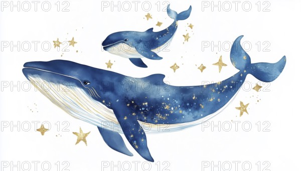 Adorable Water Whale: Blue Whale, Golden Stars, Ocean, Starfish. Mother And Baby Whale Swimming In The Sea. A Charming Underwater Scene, AI generated