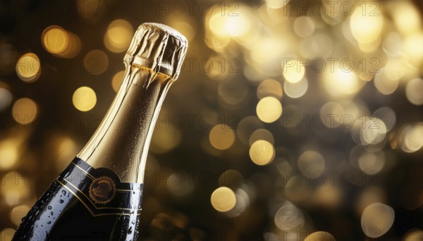 Elegant Champagne Bottle Poised For Festive Occasion, Perfect For Celebrating. A Sparkling Beverage Ready To Toast The Special Moment, AI generated