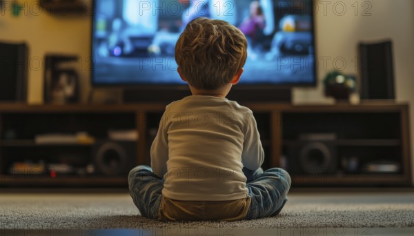 Little Boy Sitting On Floor Watching Cinema On Tv At Home: Author'S Photo On Tv Screen Captures The Rear View Perspective, AI generated