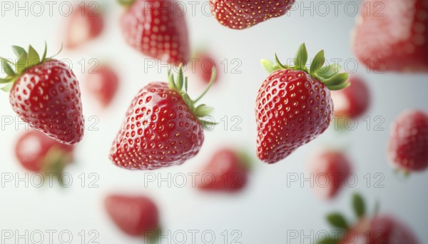 Realistic Depiction Of Falling Red Strawberries On White Background Captured In Stunning Detail And Precision. Reach Out And Grab A Bite!, AI generated