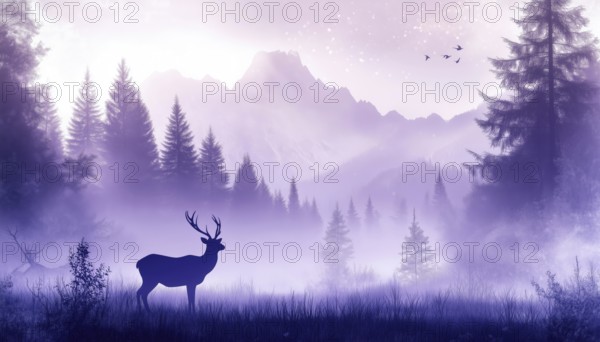 Enchanting Scene Of Deer Family Standing In Meadow Among Trees And Mist In A Violet Bookmark: A Magical Forest Landscape, AI generated