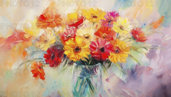Hand Painted Abstract Oil Painting Depicting Spring Flowers: Yellow And Red Gerbera, Full Bouquet In Glass Vase. Floral Modern Impressionist, AI generated