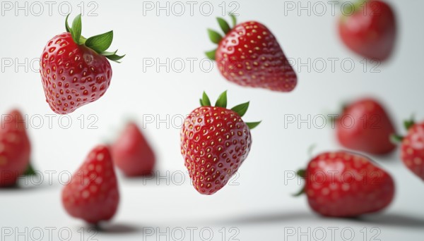Realistic Depiction Of Falling Red Strawberries On A White Background Captured In Stunning Detail. Juicy And Vibrant Fruit In Motion, AI generated