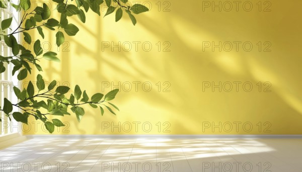 Vibrant Yellow Panoramic View And White Surface With Delicate Natural Leaf Shadows Cast Across The Area, AI generated